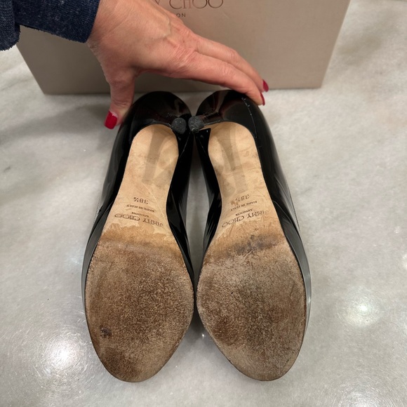 Jimmy Choo Crown Patent Black Leather Peep Toe Heel - Picture 2 of 13